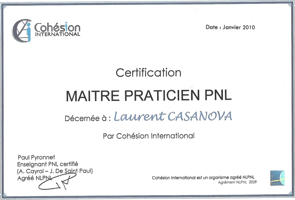 Certification Maître Praticien PNL de Laurent Casanova