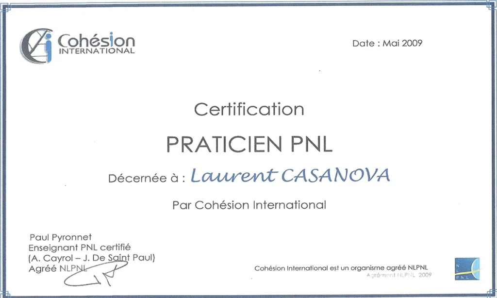 Certification Praticien PNL de Laurent Casanova
