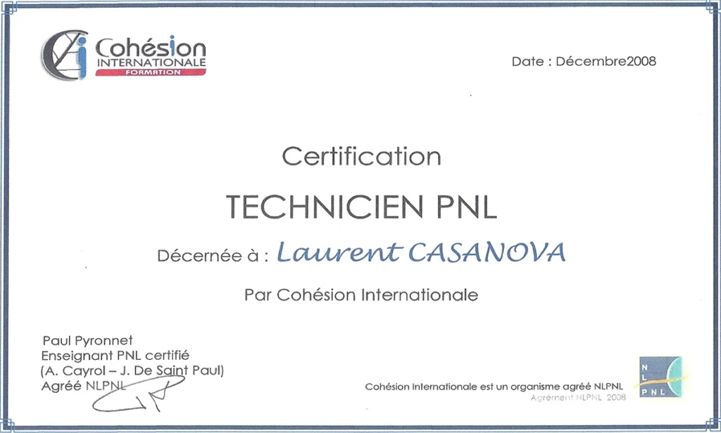 Certification Technicien PNL de Laurent Casanova