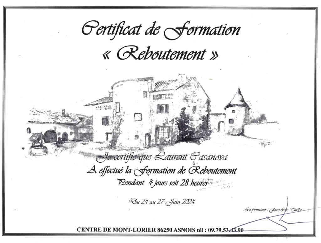 Certificat de formation reboutement de Laurent Casanova